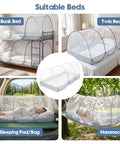 Instant Pop Up Mosquito Tent for Bed and Bunk Bed Sleeping Pad shown on bunk, twin, pad, and hammock setups.