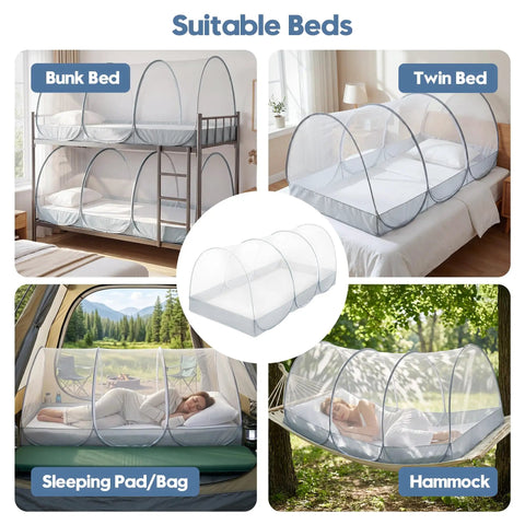 Instant Pop Up Mosquito Tent for Bed and Bunk Bed Sleeping Pad shown on bunk, twin, pad, and hammock setups.