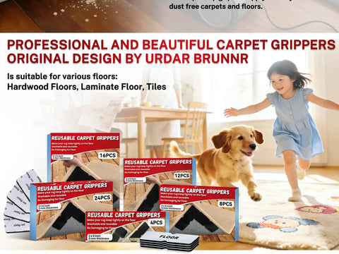 Non Slip Rug Gripper Pads For Area Rugs And Carpets, Reusable Tape That Keeps Corners Flat, No Damage To Hardwood Floors, Dual Sided Carpet Gripper Pads, 12 Pieces