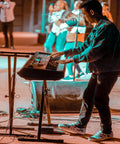 Musician performing with digital piano and Universal Sustain Pedal For Digital Pianos And MIDI Keyboards With Quarter Inch Jack And Polarity Switch Plug And Play Ready Compatible With Electronic Organs Synthesizers Keyboard Controllers And Electric Pianos on stage