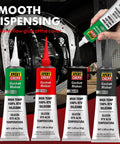 Front view of four XPERT CHEMY RTV silicone gasket maker tubes in clear, red, black and grey.