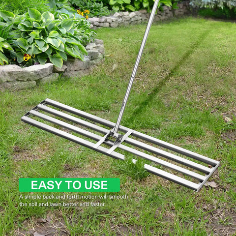 48 Inch Lawn Leveling Rake With 7 Foot Adjustable Handle Tough As Nails Heavy Duty Stainless Steel Leveler in garden setting.