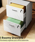Kick Your Desk Setup Up A Notch With This Slick White Two Drawer File Cabinet Featuring Top Tier Locks And Smooth Casters That Double As A Mobile Printer Stand For A Straight Fire Home Office Vibe No Matter What, showcasing open drawers with colorful file folders.