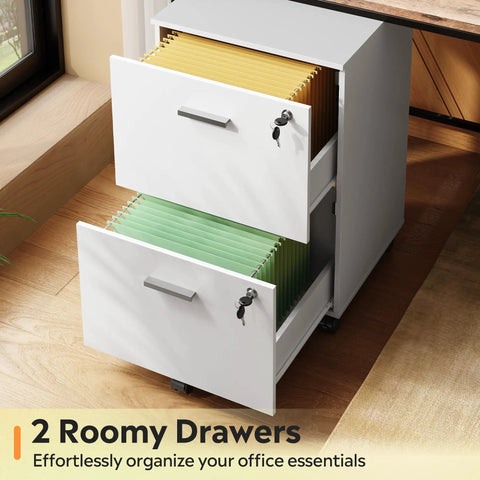 Kick Your Desk Setup Up A Notch With This Slick White Two Drawer File Cabinet Featuring Top Tier Locks And Smooth Casters That Double As A Mobile Printer Stand For A Straight Fire Home Office Vibe No Matter What, showcasing open drawers with colorful file folders.