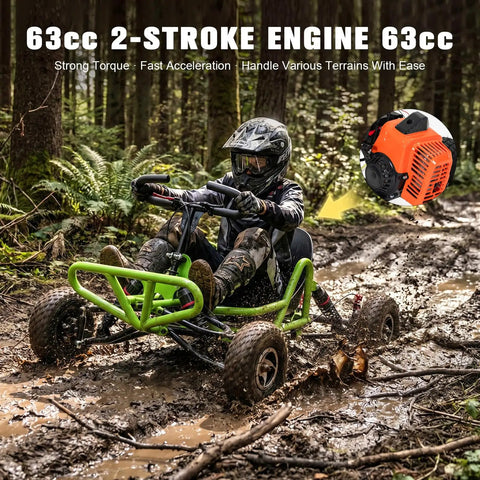 Gas Powered Off Road Go Kart For Adults And Teens With 63cc 2.5HP Engine navigating muddy forest trail, beefed up steel frame visible
