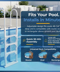 Heavy Duty Aluminum And Resin In Pool Ladder For Above Ground Pools With Non Skid Steps And Adjustable Swivel Bottom Fits Sloped Pool Floors Up To Fifty Four Inch Deep And Supports Up To Two Hundred Twenty Five Pounds. White above-ground pool ladder for 48-54 inch decks and round, oval, rectangular pools