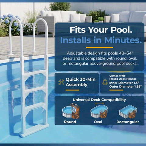 Heavy Duty Aluminum And Resin In Pool Ladder For Above Ground Pools With Non Skid Steps And Adjustable Swivel Bottom Fits Sloped Pool Floors Up To Fifty Four Inch Deep And Supports Up To Two Hundred Twenty Five Pounds. White above-ground pool ladder for 48-54 inch decks and round, oval, rectangular pools