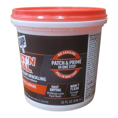 Fast N Final Ready To Use White Lightweight Spackling Compound 1 Qt container with orange lid, side view