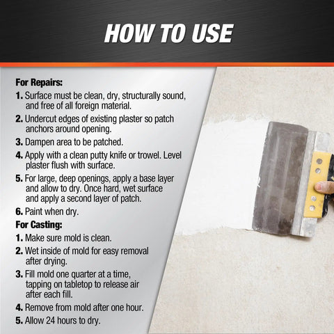 Instructions for Plaster Of Paris Dry Mix White 4 Lb Tub For Interior Wall And Ceiling Repairs Sets Hard In 20 To 30 Minutes