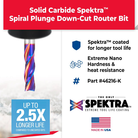 Spektra Extreme Tool Life USA Made Solid Carbide CNC Down Cut Spiral Plunge Router Bit 46216-K with nano coating