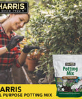 Woman gardening with Harris All Purpose Premium Potting Soil Mix With Worm Castings For Indoor And Outdoor Containers, 4 Quarts