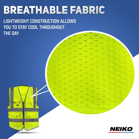 Built Different Neon Yellow Safety Vest With ANSI Class Two Reflective Striping And Nine Roomy Pockets For Construction Teams And Roadside Pros Wanting Top Shelf Coverage Locked In On Every Job Site with breathable fabric detail.