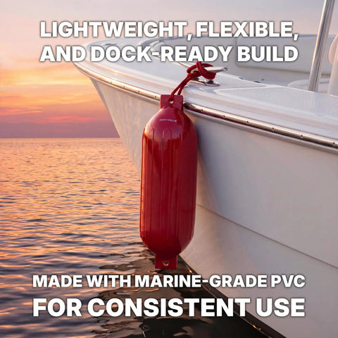 Complete Boat Fender Package With Four Red 8.5 Inch By 27 Inch Bumpers on a boat at sunset.