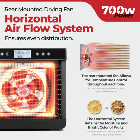Premium Food Dehydrator With 10 Extra Large Stainless Steel Trays, 700 Watt Dryer featuring rear mounted fan and airflow system