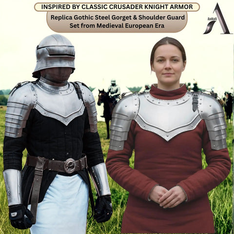 Medieval Steel Gorget With Pauldrons Armor Set For LARP And Cosplay, Knight Viking Crusader Style Shoulder Guards worn by two people