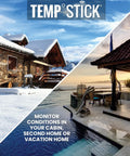 Remote WiFi Temperature And Humidity Sensor With Data Logger No Subscriptions 24 Seven Monitoring And Alerts Via App And Email Works With Alexa And IFTTT, showing snowy cabin and sunny vacation home scene.