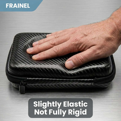 Kickass Carbon Fiber Texture Shockproof Sleeve For 3.5 Inch Hard Drives And M.2 SSDs, slightly elastic, with hand resting on surface.
