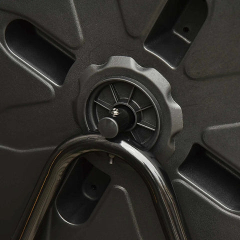 Close-up of metal leg and rotating mechanism on Dual Chamber Tumbling Compost Bin For Outdoors With 360 Degree Rotation 43 Gallon Capacity.