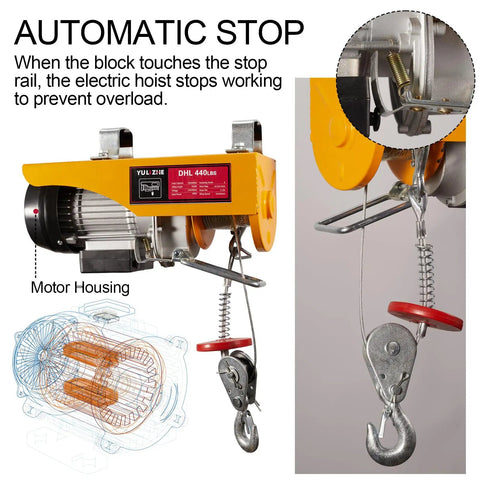 Heavy Duty 440 Lb Electric Hoist And Winch Kit With Remote Control 120V Lift System, steel shell and anti-twist cable with automatic stop