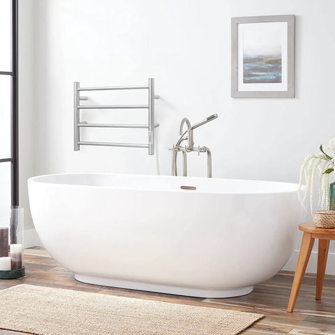 Wall Mounted Heated Towel Warmer With Built In Timer Four Bar Stainless Steel Rack Brushed Nickel above modern bathtub