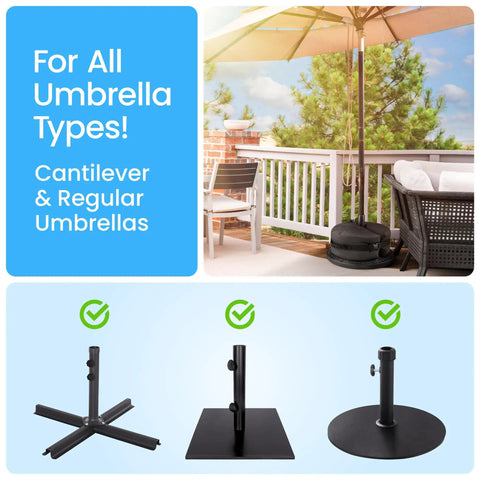 Windproof Patio Umbrella Base Weight Water Bag With Side Slot Opening Easy Fill Sturdy Round Base displayed on deck