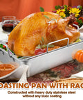 Heavy Duty Stainless Steel Roasting Pan With V Rack For Turkey And Chicken on table with roasted turkey, vegetables, and decor