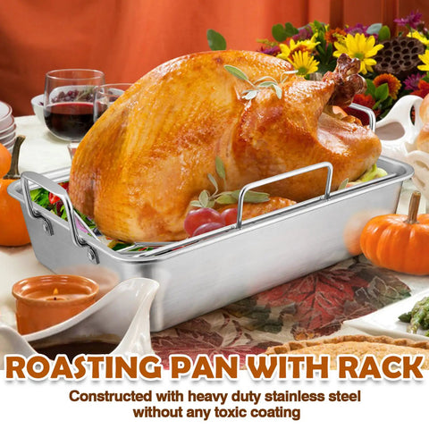 Heavy Duty Stainless Steel Roasting Pan With V Rack For Turkey And Chicken on table with roasted turkey, vegetables, and decor