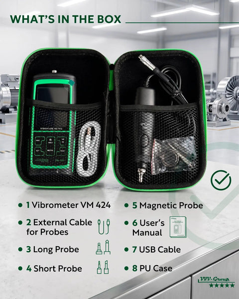 Vibration Meter With Remote Probe VM-424 For Industrial Motors And Gearboxes Measures Acceleration Up To 199.9 m/s2 Velocity Up To 199.9 mm/s Displacement Up To 1.999 mm 10 Hz To 3 kHz Magnetic Sensor For Tight Space Diagnostics. Open case with VM-424 meter, probes, cables and manual