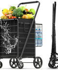 Beast Mode Folding Shopping Cart With Four And A Half Cu Ft Capacity 420 Lb Hauling Power showing groceries and folded cart
