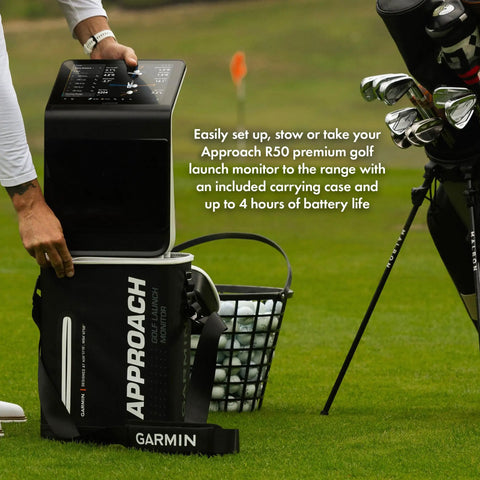 Approach R50 Golf Launch Monitor And Simulator Bundle being packed into a carrying case on a golf course