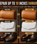 Before and after of leather restoration using No Sweat Diy Leather Repair Kit For Furniture And Vinyl Self Mixing Compound.