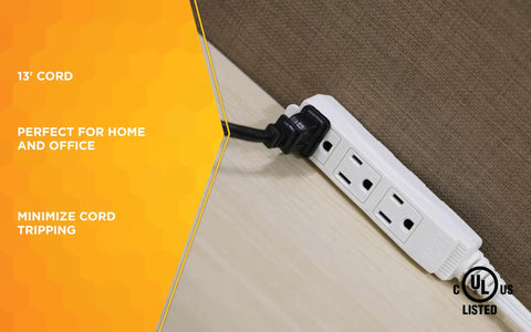 Angled Flat Plug Extension Cord With SlimLine Design And 3 Grounded Outlets, 13 Foot Indoor Power Cord for home and office.