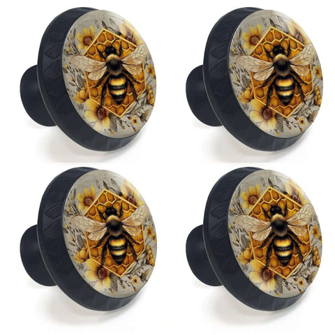 Vintage Honeybee Cabinet Knob Set 4 Pack With Cheerful Flora Motifs on black backing ideal for farmhouse kitchen or bathroom.