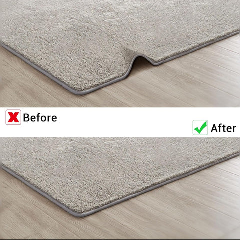 Before and after using Nano Tape 3 Rolls Double Sided Adhesive Tape Transparent Traceless Sticky Tape Removable Washable Reusable for carpets.