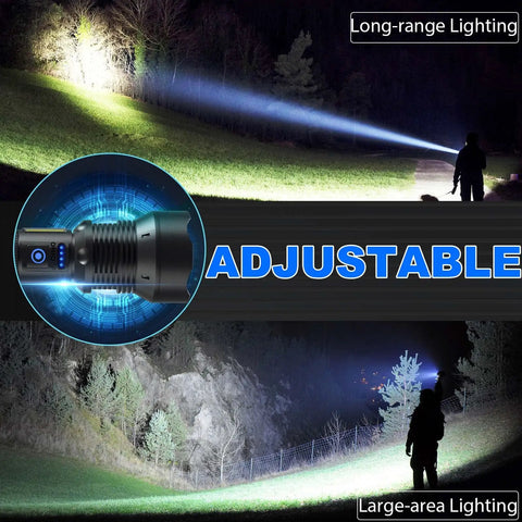Ultra Bright LED Flashlight With 99,000 Lumens, demonstrating long-range beam in outdoor night scene