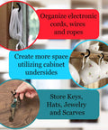 Super Sturdy Wall Hooks Transparent Adhesive Hangers With 90 Degree Rotatable Stainless Steel holding cords, keys, and mugs on cabinets.