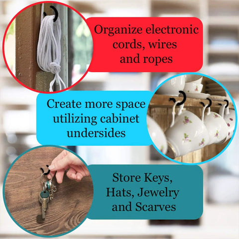 Super Sturdy Wall Hooks Transparent Adhesive Hangers With 90 Degree Rotatable Stainless Steel holding cords, keys, and mugs on cabinets.