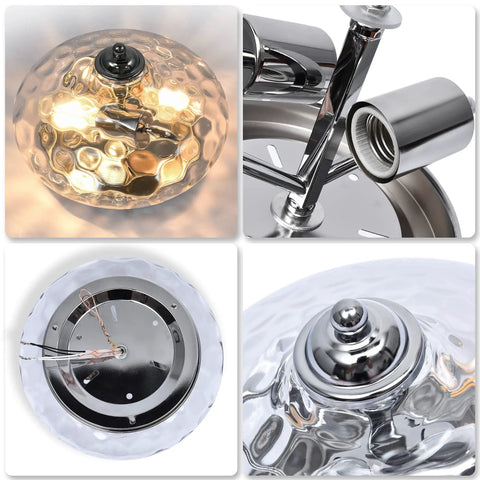 Modern Two Light Hammered Glass Flush Mount Ceiling Light In Chrome Finish close-up views highlighting design and hardware
