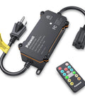 Outdoor String Light Dimmer Switch with 600W Capacity and 100 Foot Remote, features dusk to dawn timer and IP65 waterproofing.