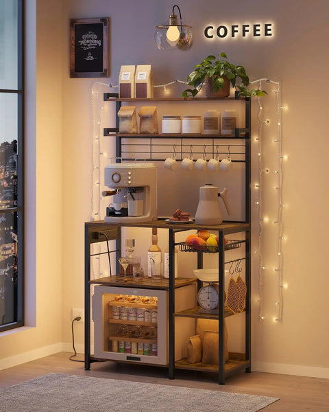 Top Tier Metal Baker Rack With Microwave Stand Rock Solid Kitchen Storage Shelf Featuring Eight Heavy Duty Hooks And A Roomy Wire Basket Super Convenient For Everyday Cooking And Coffee Bars