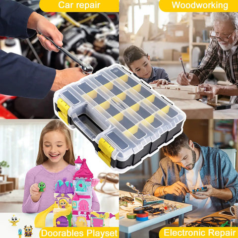 Double Sided Tool Box Organizer For Hardware Storage, 34 Compartments With 24 Removable Dividers, clear lid shown in use.