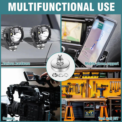 Multi-use Beefy Neodymium Round Magnet With M8 Thread Mounting Hardware 200 Lb Pull, shown with various tools and devices.