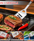 All In One Grill Tools Set With 4 In 1 Spatula flipping steaks on grill