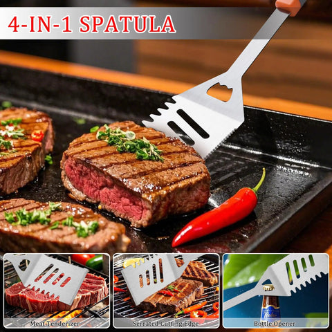 All In One Grill Tools Set With 4 In 1 Spatula flipping steaks on grill