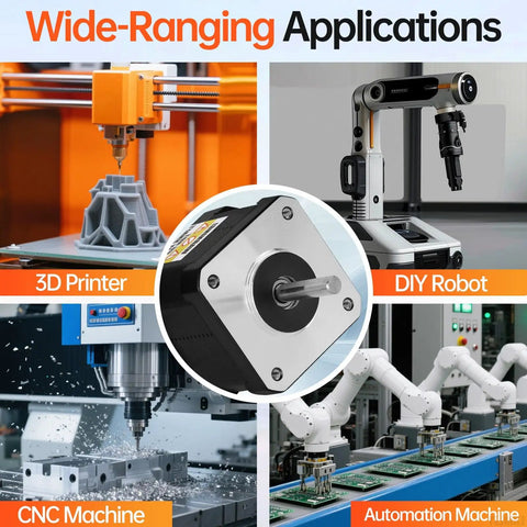 Various applications of 5 Pack Nema 17 Stepper Motors 2 Phase 1.8 Degree 0.47Nm High Torque Bipolar in 3D printer, CNC, robot, automation.
