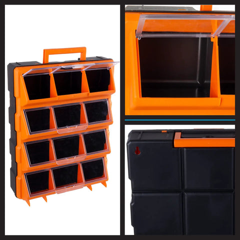 Hella Spacious Plastic Storage Drawers Heavy Duty Small Parts Organizer For Garage Workshop 12 Drawer Bins Sorter For Screws Nuts Bolts Crafting And Toy Blocks Black with see-through compartments.