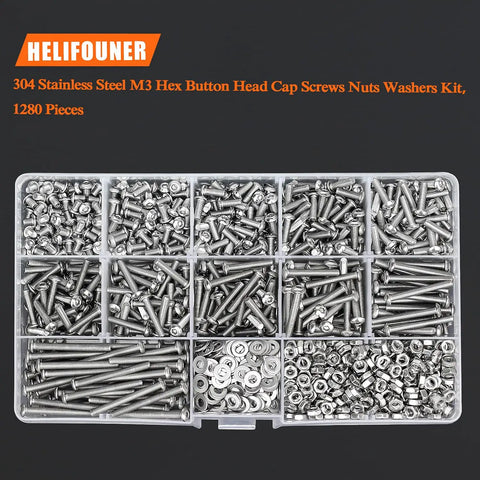 Hella Durable M3 Button Head Socket Cap Screw And Hex Nut Assortment Kit With 1280 Pieces 304 Stainless Steel Fasteners in organized box.