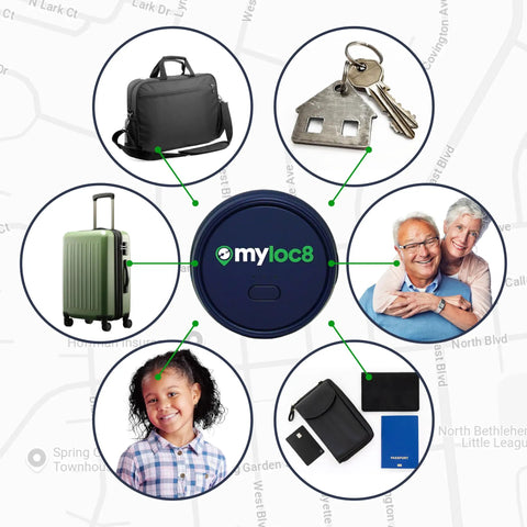 No Stress Gps Locator And 4G Tracker For Keys Wallet Luggage And Little Ones in use with bags, keys, and a child.