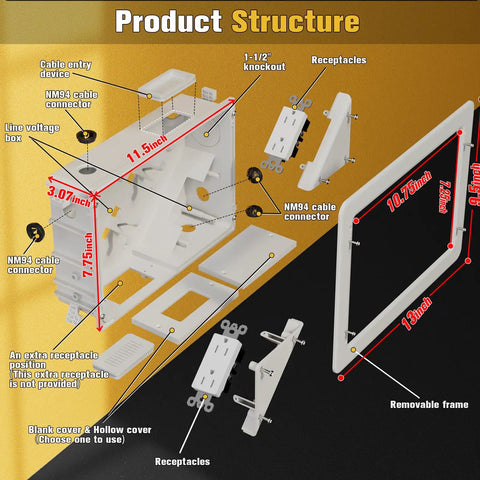 Pro Grade In Wall TV Box With Sleek Flange For Tidy Home Theater Wiring Durable Cord Hider Panel assembly diagram with dimensions.