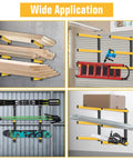 Heavy Duty Wall Mount Lumber Rack With Three Level Folding Wood Storage Organizer For Garage Or Shop showing wood, tools, and ski gear storage.